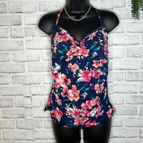 Merona Floral Rouched Tankini Halter Top Bikini Size Medium - Picture 1 of 5